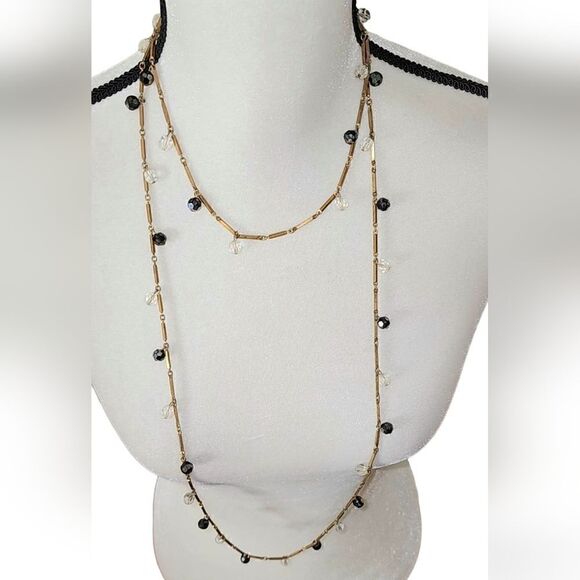 Vintage Gold Lucite floating beaded bar link double necklace - Picture 1 of 14